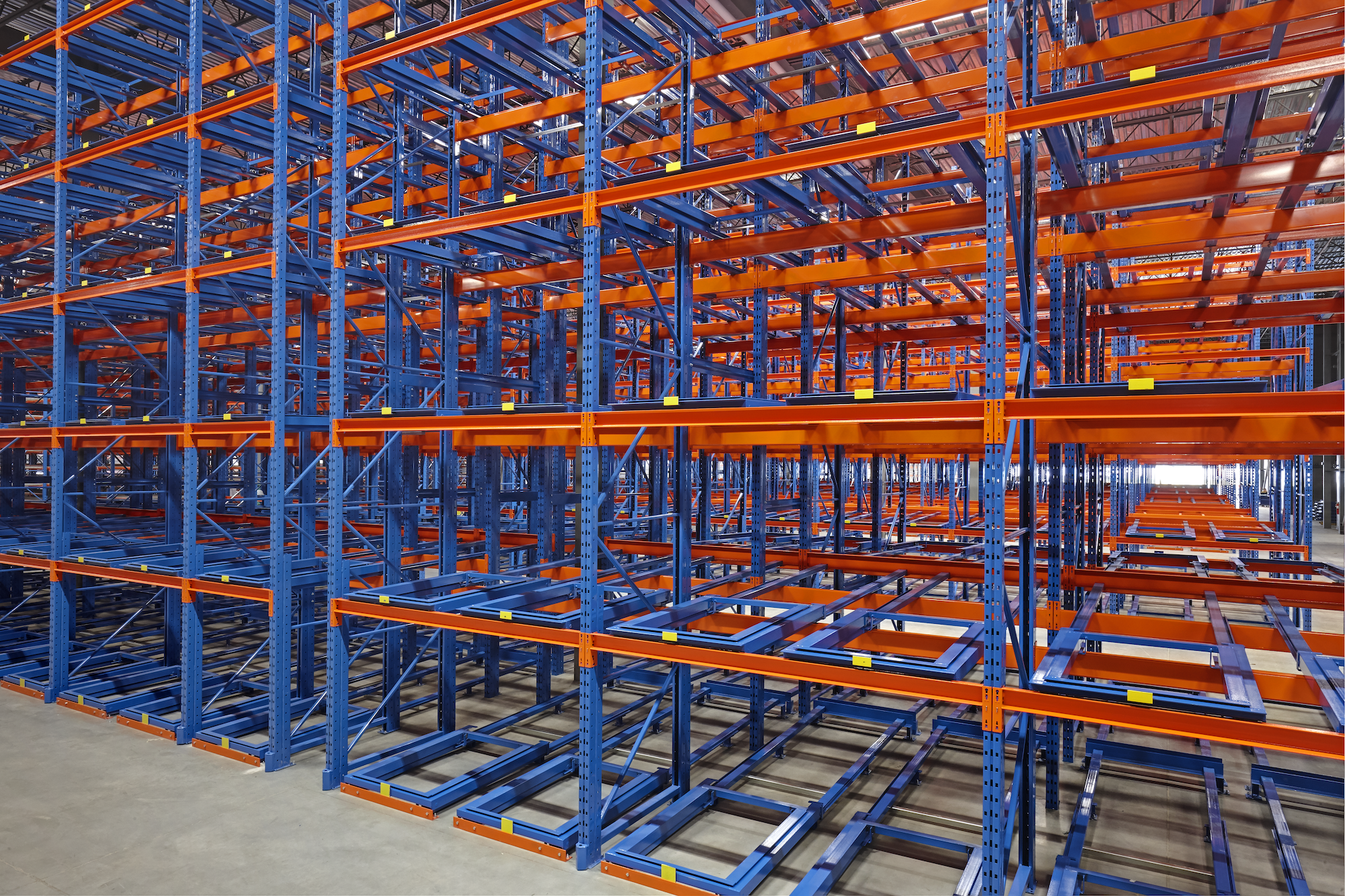 pushback-ROI Rows of pushback racking in a warehouse application